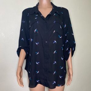 Worthington Black Hummingbird Print Button Down Blouse Size 1X